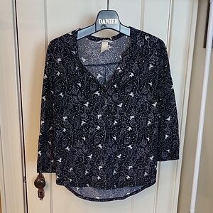 Women's Navy V-Neck Blouse with Bird Print